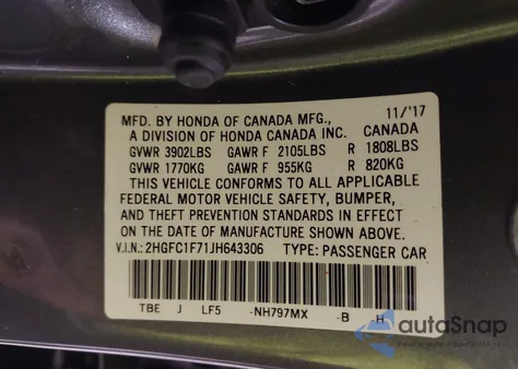 2018 Honda Civic Ex-L из США, поврежденный, VIN 2HGFC1F71JH643306